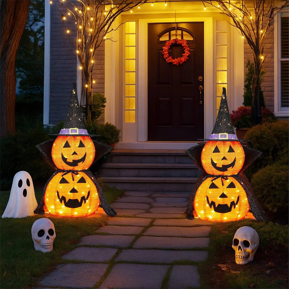 Halloween Pumpkin Decorations Lighted Stacked Jack O Lantern with Witch Hat and Cape