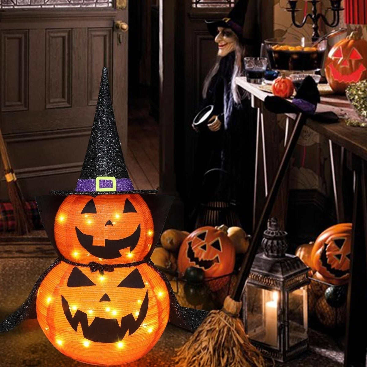 Halloween Pumpkin Decorations Lighted Stacked Jack O Lantern with Witch Hat and Cape