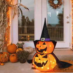 Halloween Pumpkin Decorations Lighted Stacked Jack O Lantern with Witch Hat and Cape