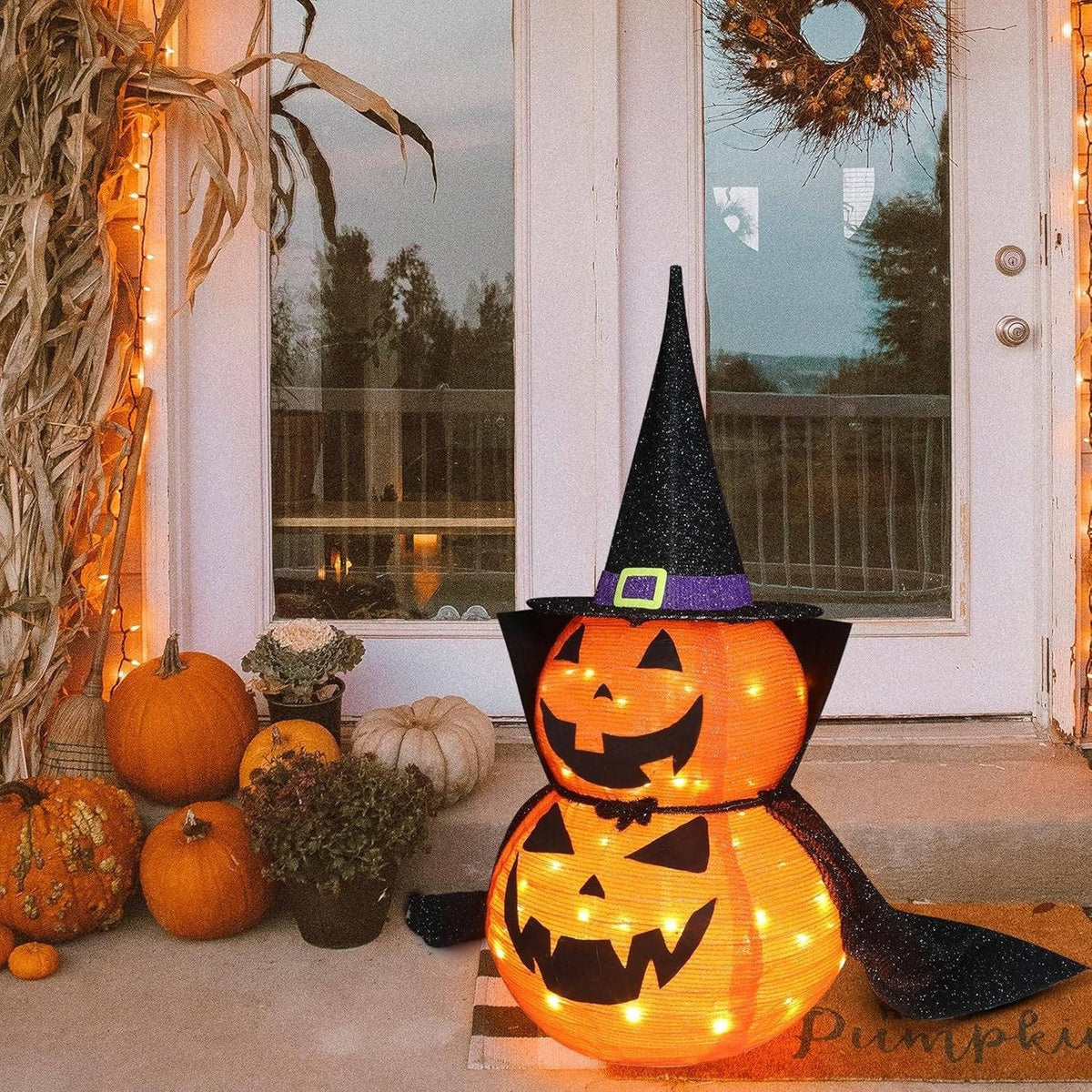 Halloween Pumpkin Decorations Lighted Stacked Jack O Lantern with Witch Hat and Cape