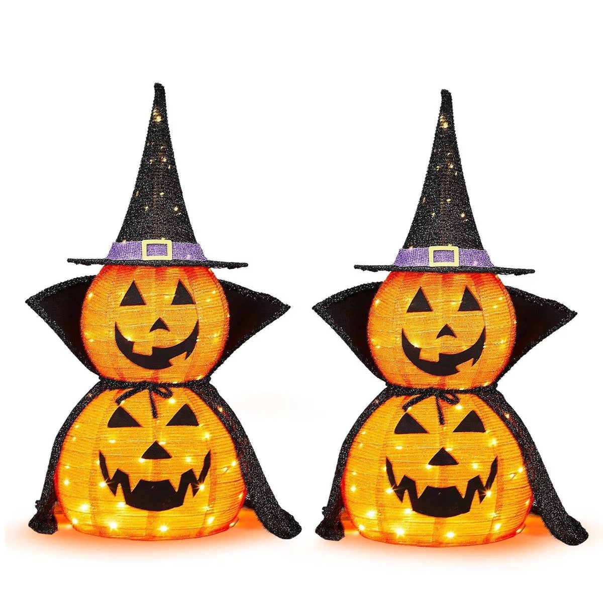 Halloween Pumpkin Decorations Lighted Stacked Jack O Lantern with Witch Hat and Cape