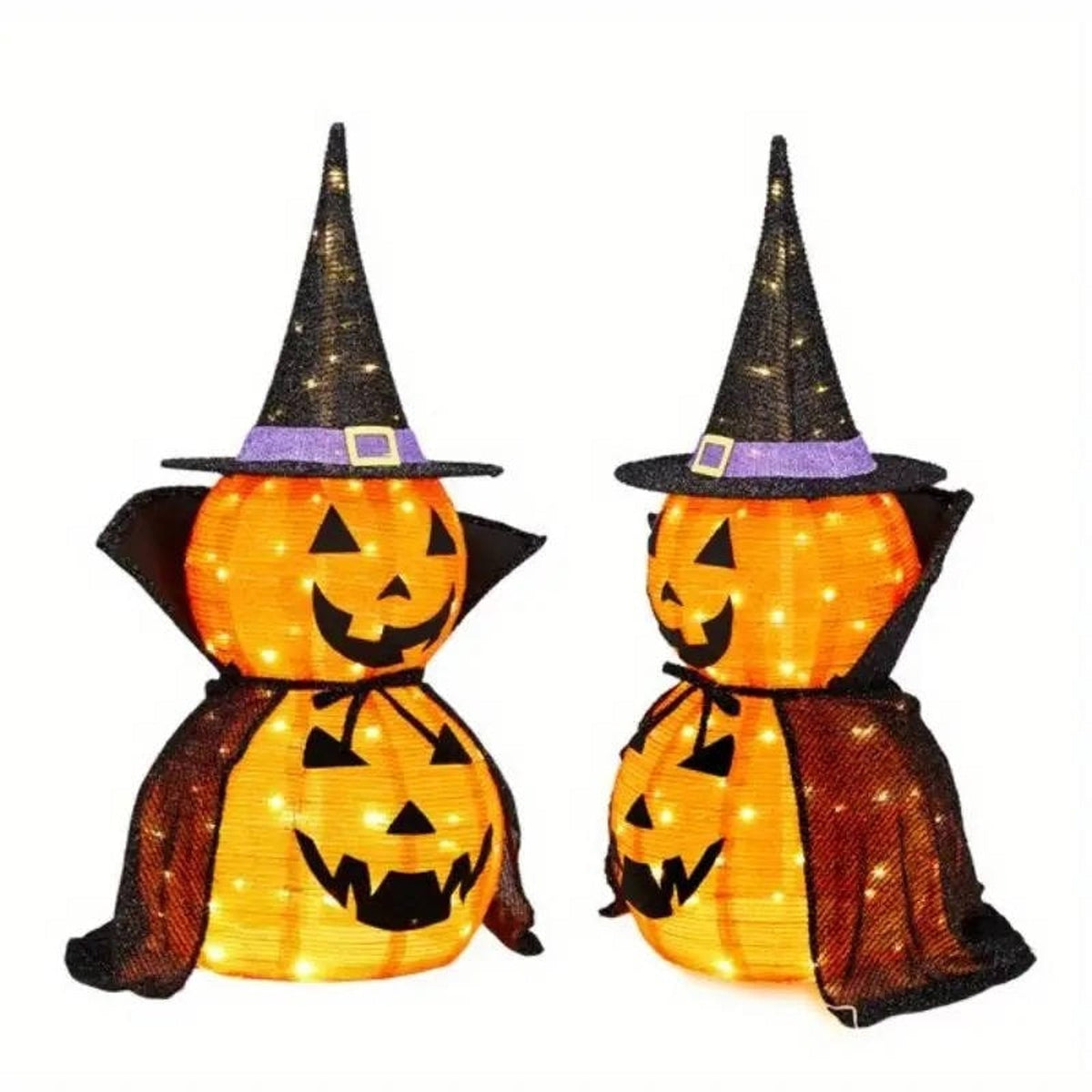 Halloween Pumpkin Decorations Lighted Stacked Jack O Lantern with Witch Hat and Cape