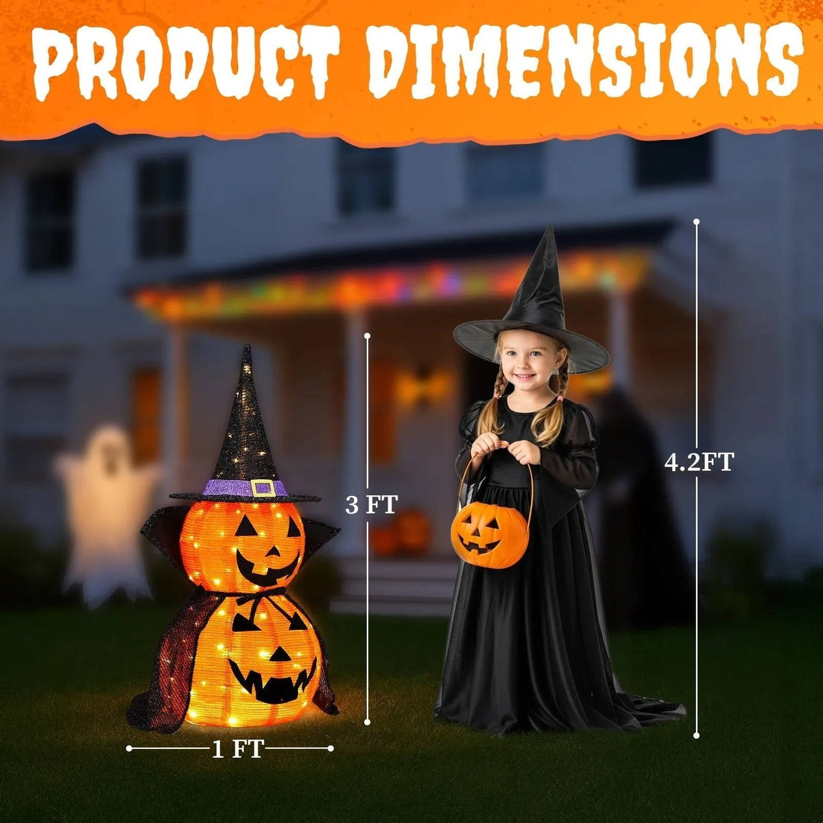 Halloween Pumpkin Decorations Lighted Stacked Jack O Lantern with Witch Hat and Cape