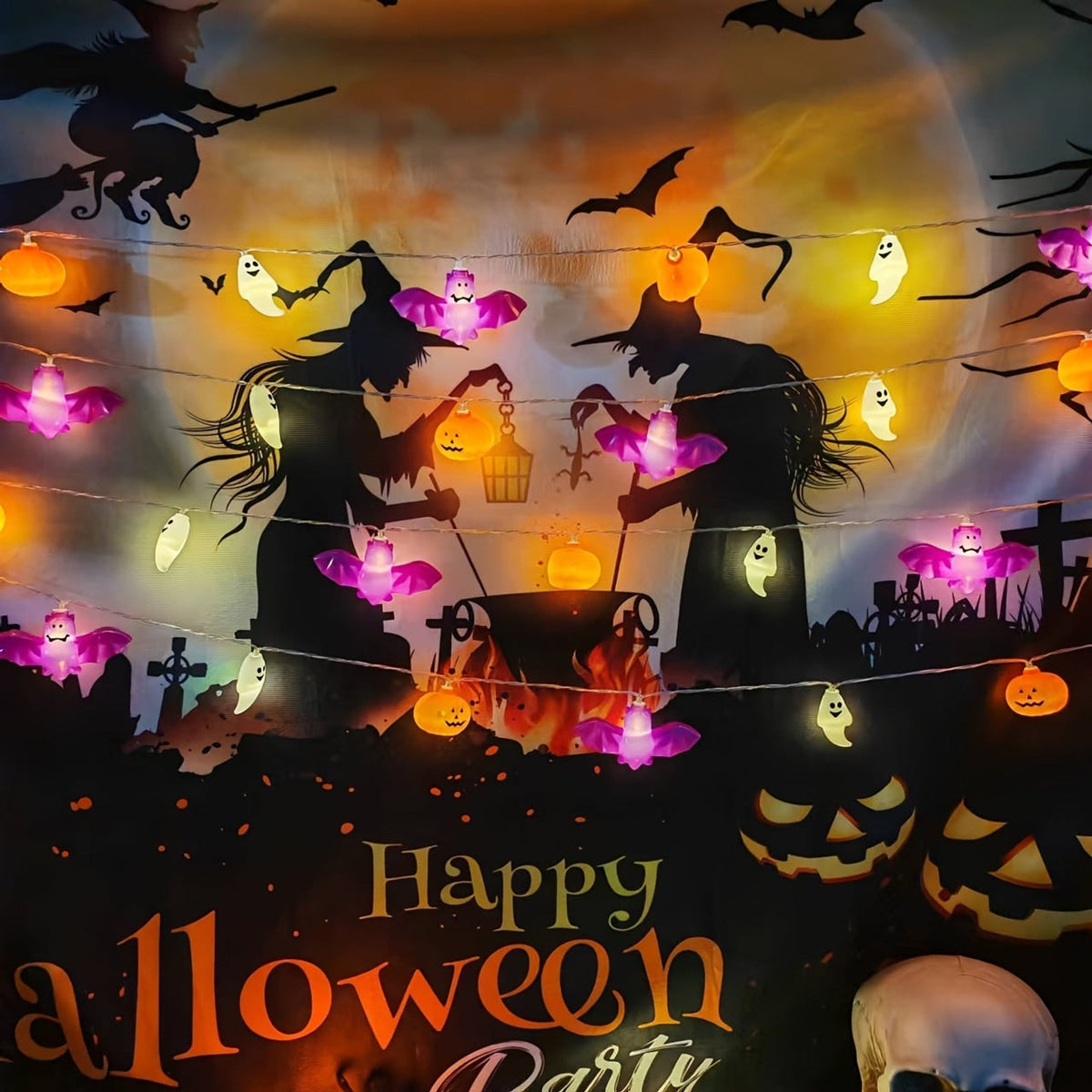 Halloween Party Decorations LED String Lights Garland with Glowing Pumpkin Ghost and Bat Shapes