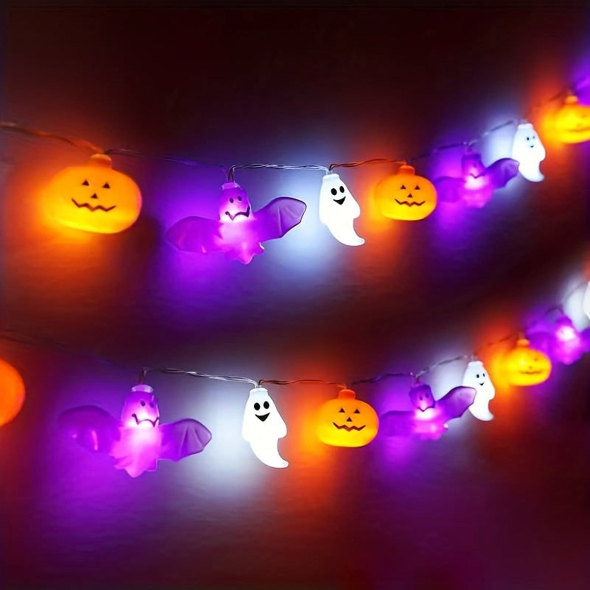 Halloween Party Decorations LED String Lights Garland with Glowing Pumpkin Ghost and Bat Shapes