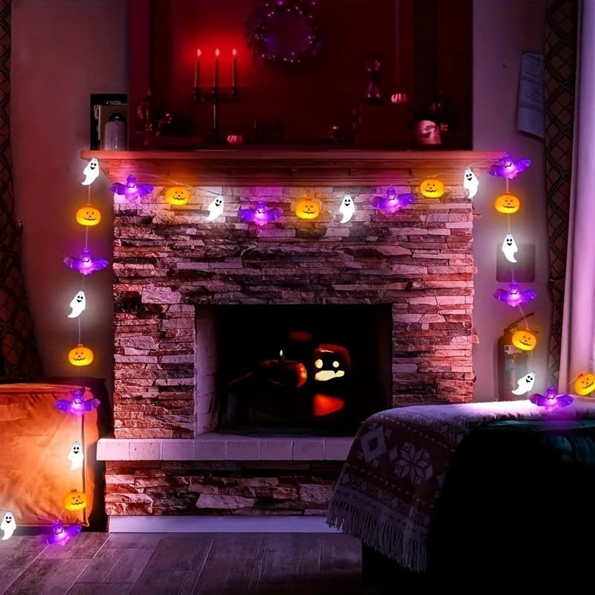 Halloween Party Decorations LED String Lights Garland with Glowing Pumpkin Ghost and Bat Shapes