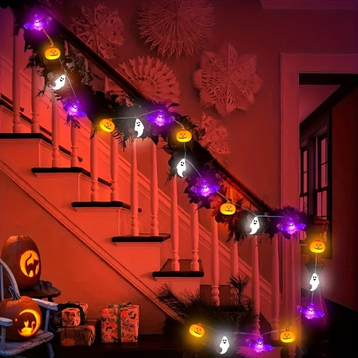 Halloween Party Decorations LED String Lights Garland with Glowing Pumpkin Ghost and Bat Shapes