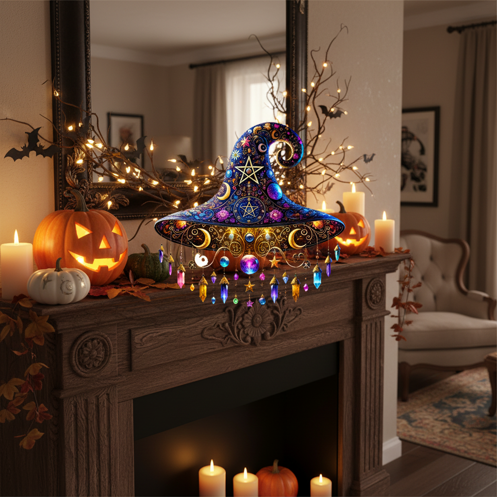 Halloween Decorations Hanging Witch Hat with Intricate Detailing for Mantels and Shelves