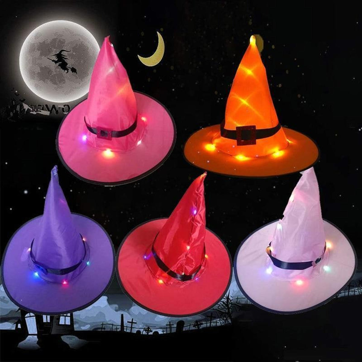 Halloween Witch Hat Lights Illuminated Conical Decor with 48 LED String and Hanging Hook