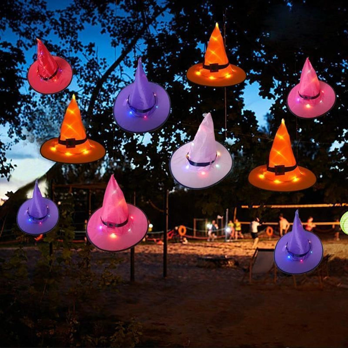 Halloween Witch Hat Lights Illuminated Conical Decor with 48 LED String and Hanging Hook