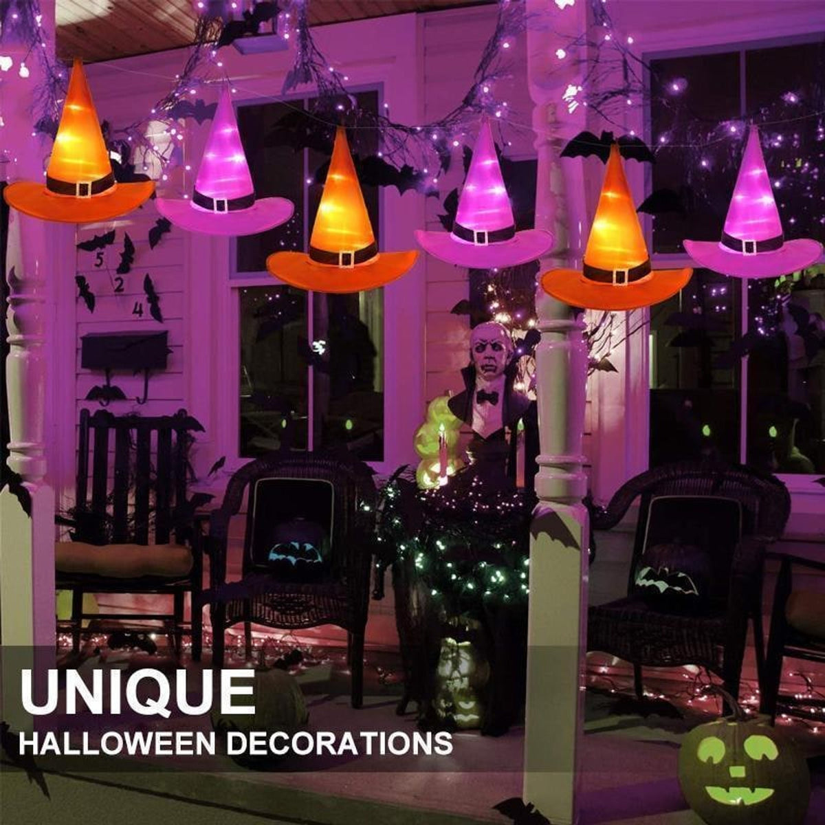 Halloween Witch Hat Lights Illuminated Conical Decor with 48 LED String and Hanging Hook