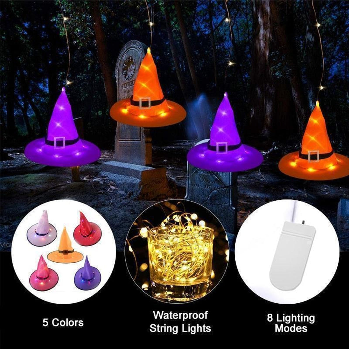 Halloween Witch Hat Lights Illuminated Conical Decor with 48 LED String and Hanging Hook