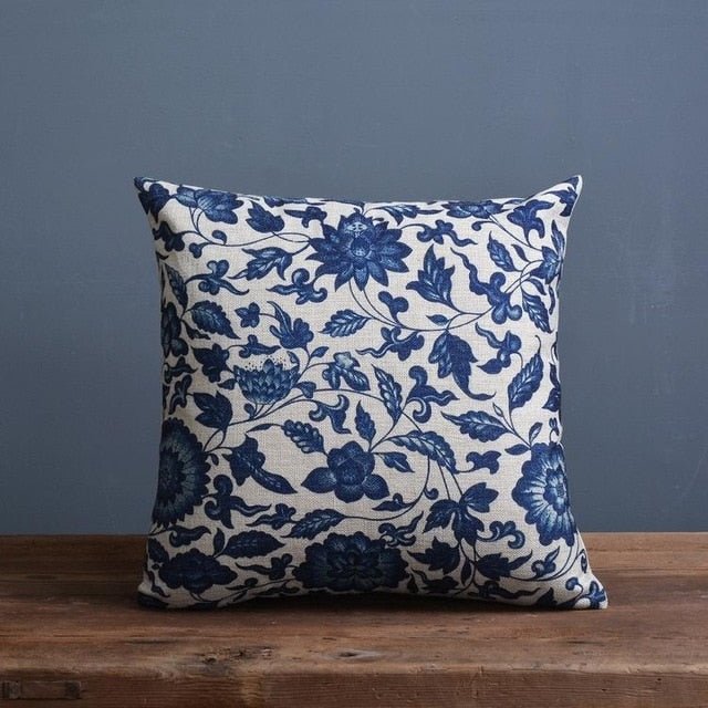 Sofa Cover Cushion Set in Linen Cotton Blend with Porcelain Print for Bed