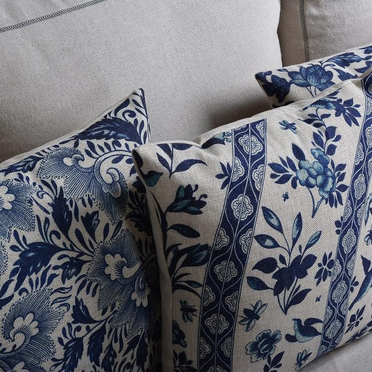 Sofa Cover Cushion Set in Linen Cotton Blend with Porcelain Print for Bed