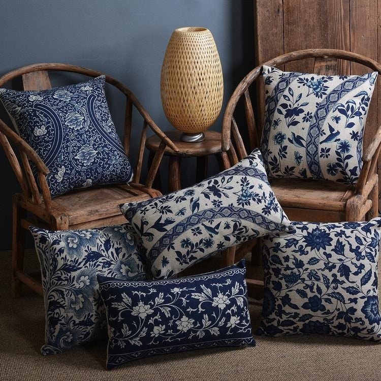 Sofa Cover Cushion Set in Linen Cotton Blend with Porcelain Print for Bed
