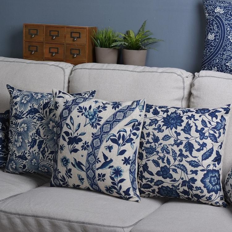 Sofa Cover Cushion Set in Linen Cotton Blend with Porcelain Print for Bed