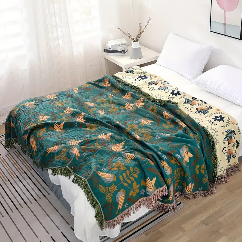 Cotton Blankets Reversible Pure Woven Throw with Scandinavian Bird Pattern