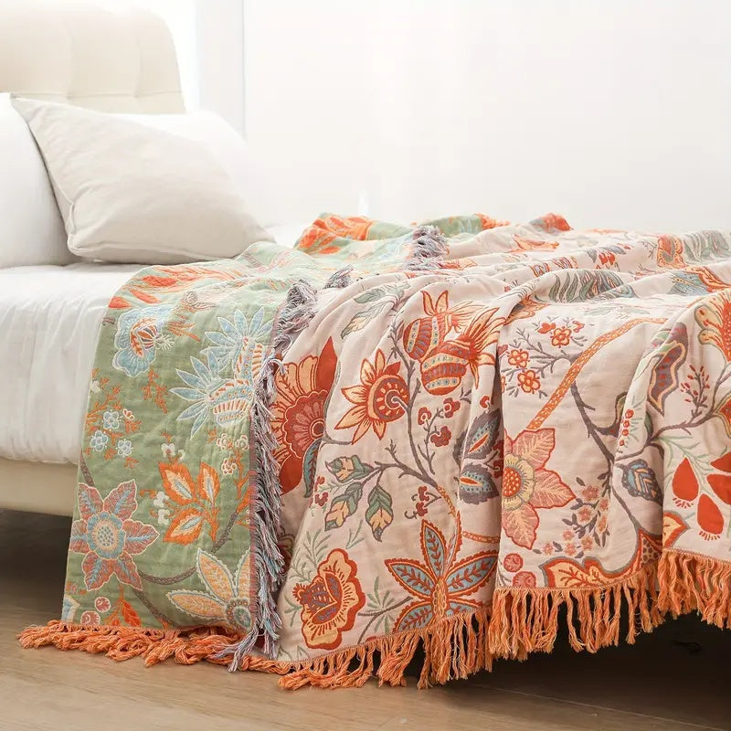 Cotton Blankets Boho Floral Throw with Fringed Edge for Sofa and Bedroom