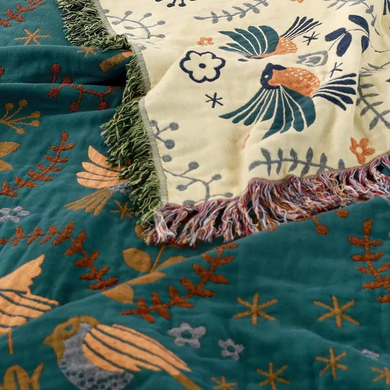 Cotton Blankets Reversible Pure Woven Throw with Scandinavian Bird Pattern
