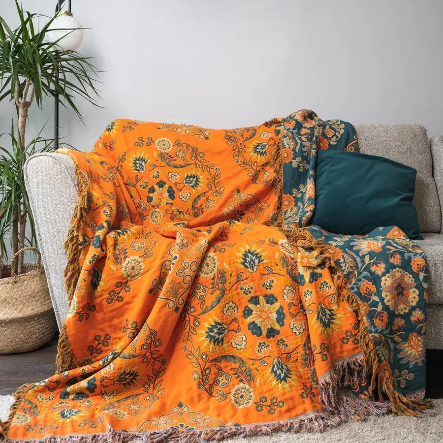 Throw Blanket Cotton Reversible with Vintage Floral Weave for Sofa Bed and Armchair