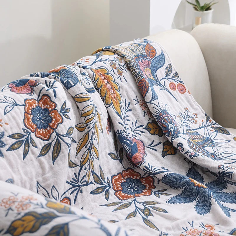 Cotton Blankets Artistic Floral Throw Reversible Jacquard for All Seasons