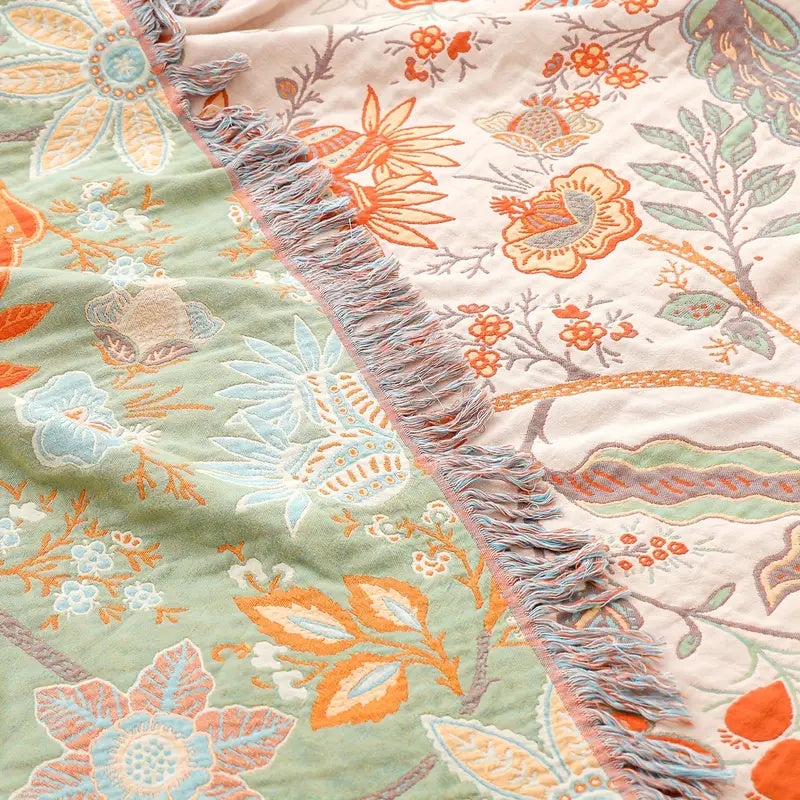 Cotton Blankets Boho Floral Throw with Fringed Edge for Sofa and Bedroom