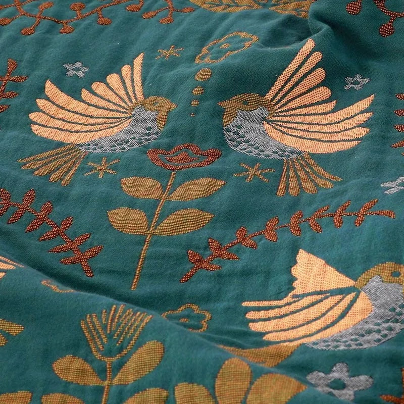 Cotton Blankets Reversible Pure Woven Throw with Scandinavian Bird Pattern