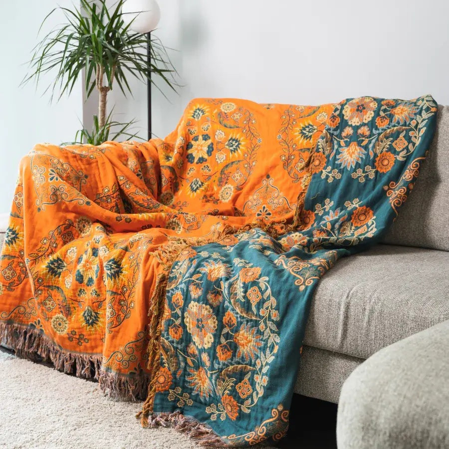 Throw Blanket Cotton Reversible with Vintage Floral Weave for Sofa Bed and Armchair