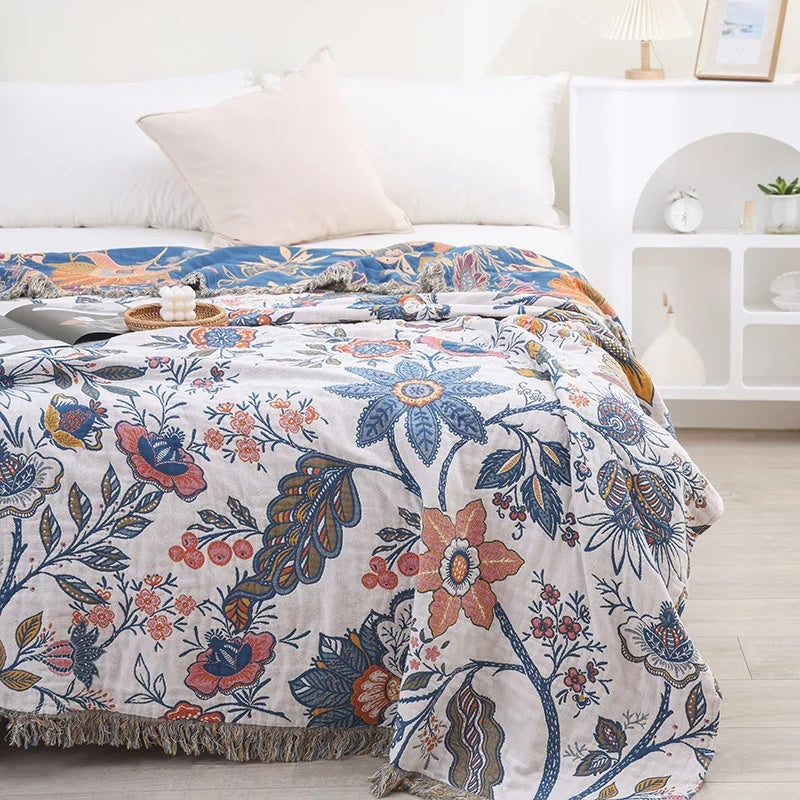 Cotton Blankets Artistic Floral Throw Reversible Jacquard for All Seasons