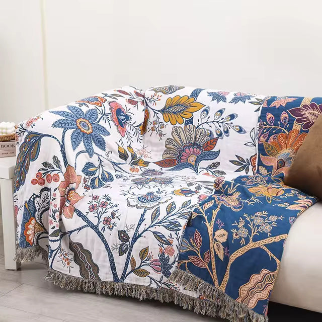 Cotton Blankets Artistic Floral Throw Reversible Jacquard for All Seasons