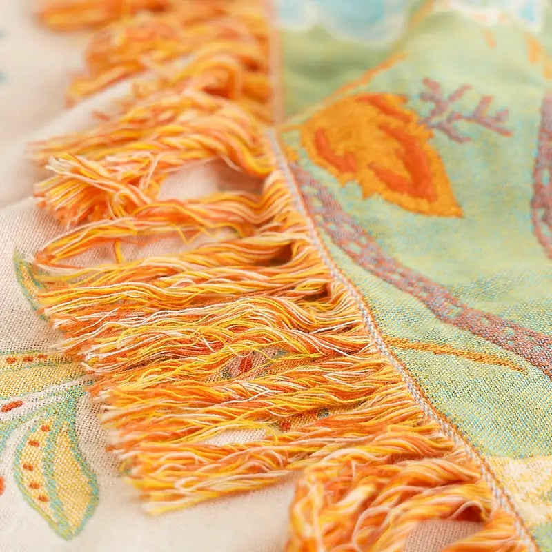 Cotton Blankets Boho Floral Throw with Fringed Edge for Sofa and Bedroom