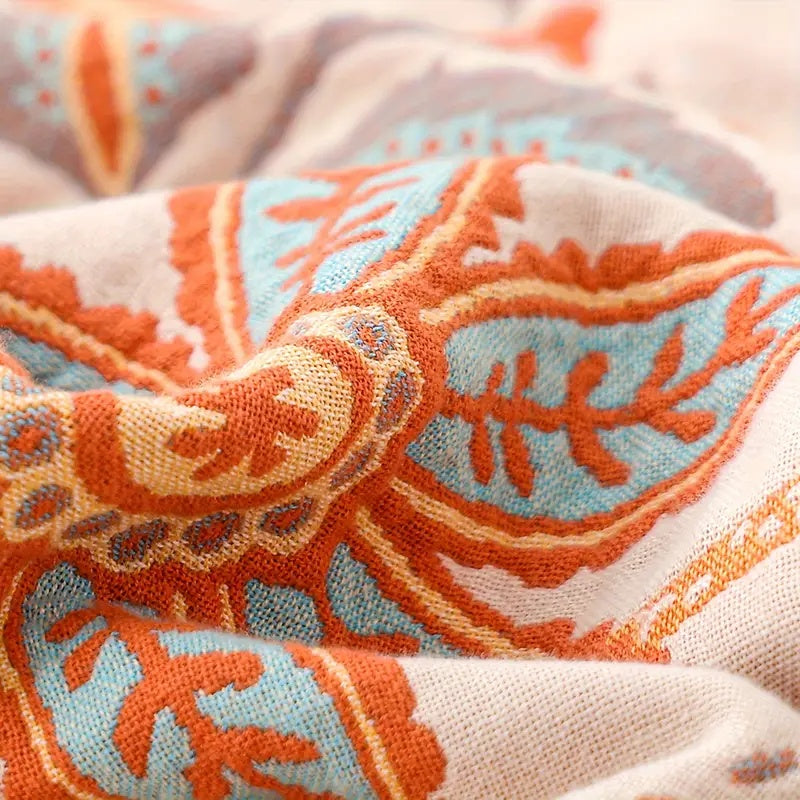 Cotton Blankets Boho Floral Throw with Fringed Edge for Sofa and Bedroom