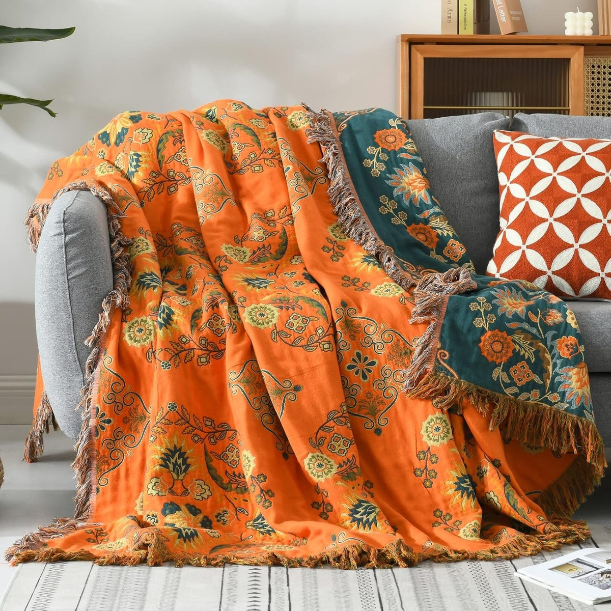 Throw Blanket Cotton Reversible with Vintage Floral Weave for Sofa Bed and Armchair