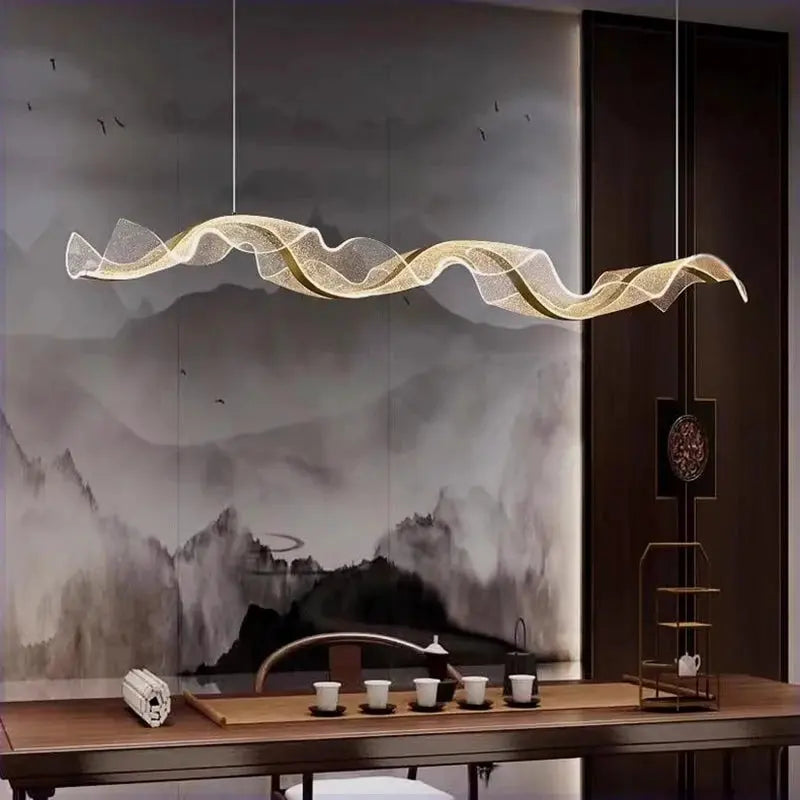Kitchen Chandeliers Modern LED Pendant with Ocean Wave Ribbon Design for Island