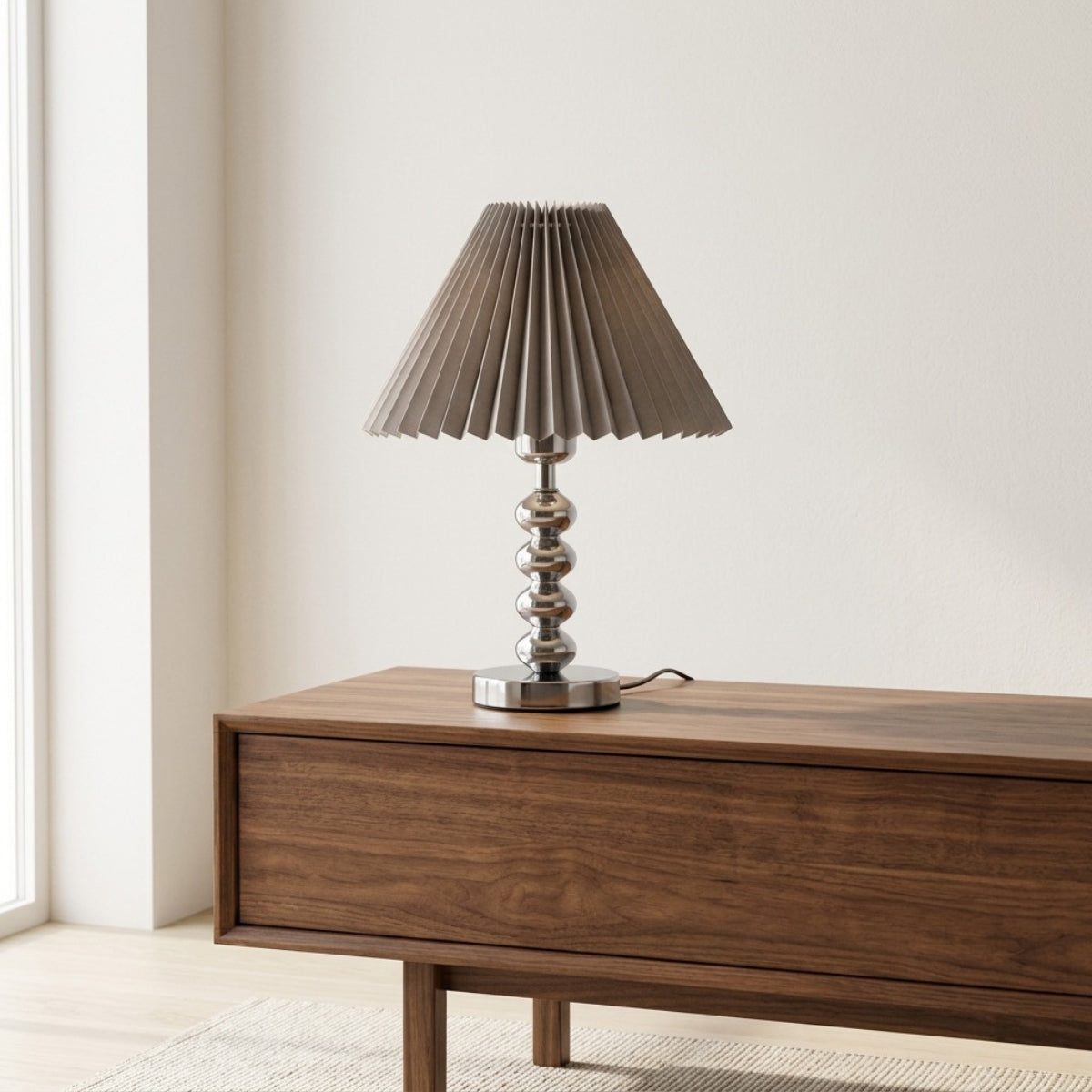 Table Lamp Modern Conical Pleated Shade with Stacked Base and 3 Colour Modes