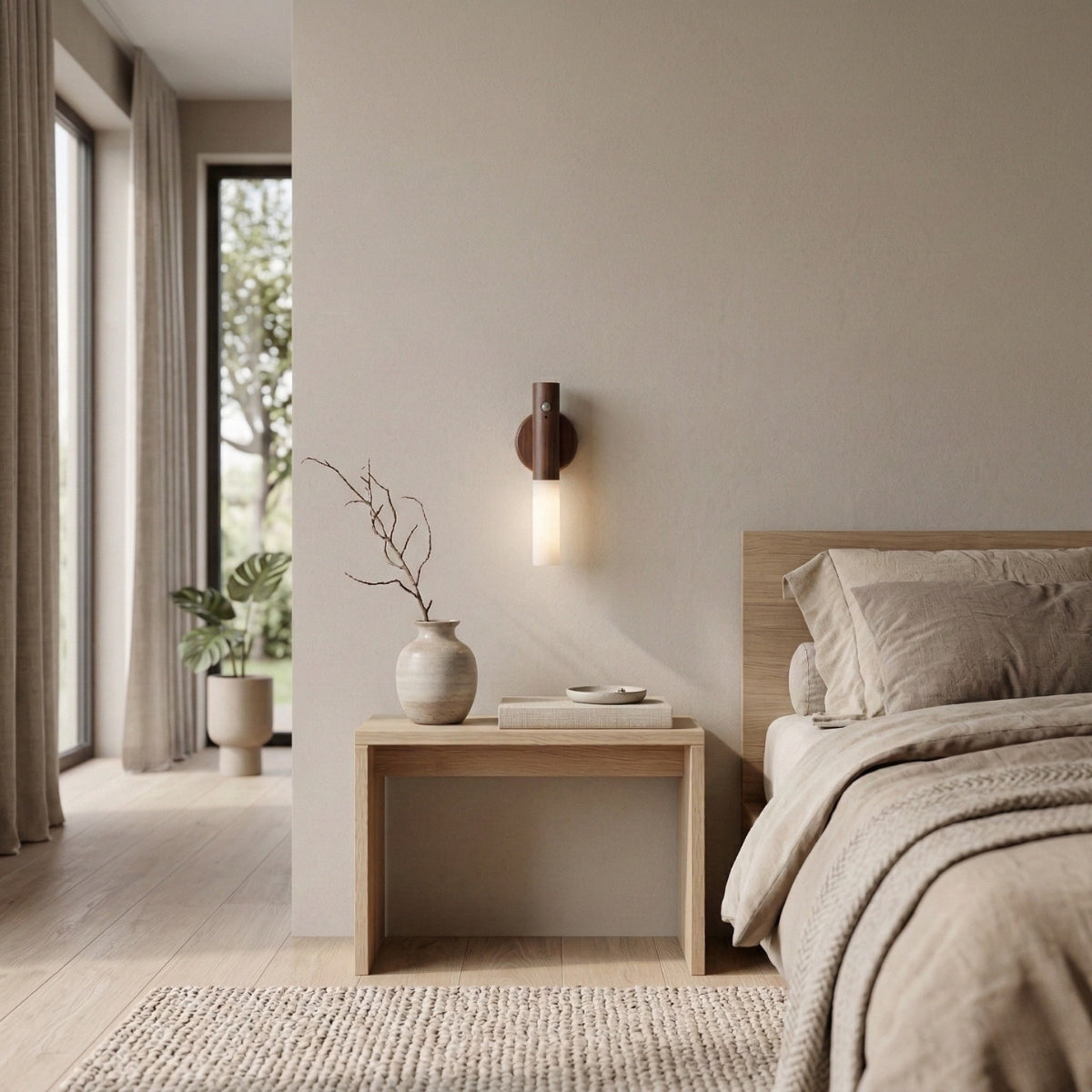 Wall Light Motion Sensor Cylindrical Lamp in Wood with Warm White Glow