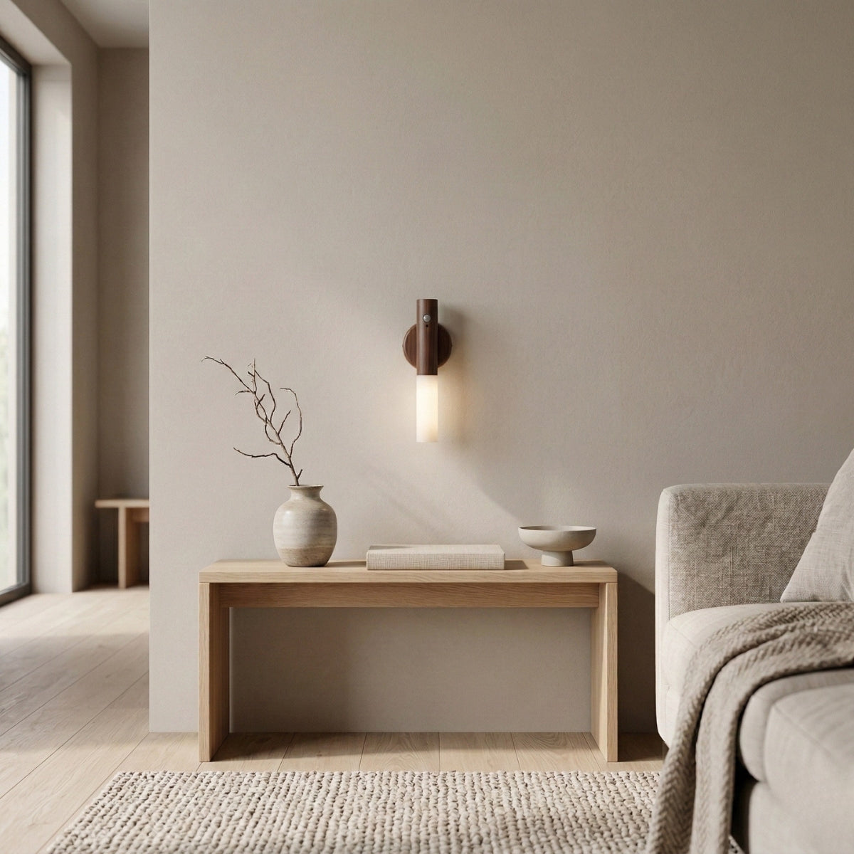 Wall Light Motion Sensor Cylindrical Lamp in Wood with Warm White Glow
