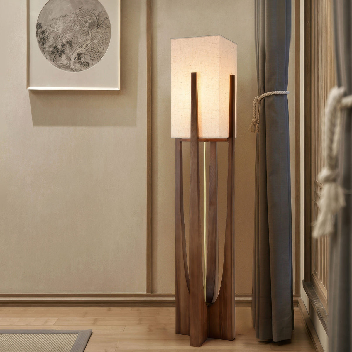 Floor Lamp Minimalist Wabi Sabi with Wood Base and Soft Ambient Glow for Living Room