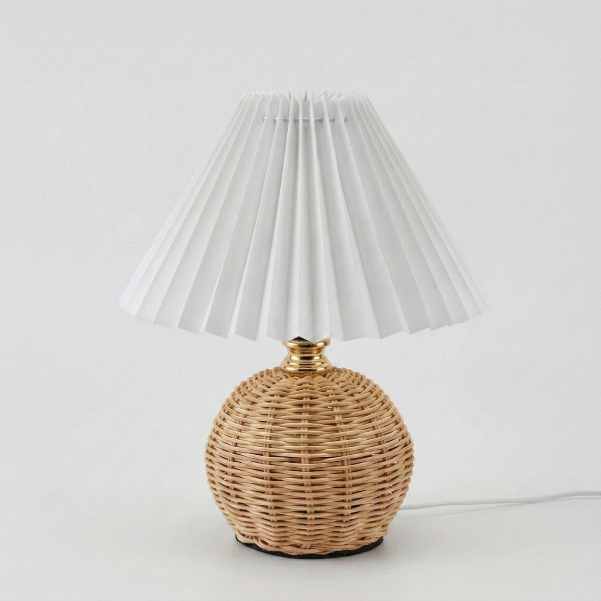 Table Lamp Boho Rattan Woven Base with Wide Pleated Cone Shade and 3 Light Modes