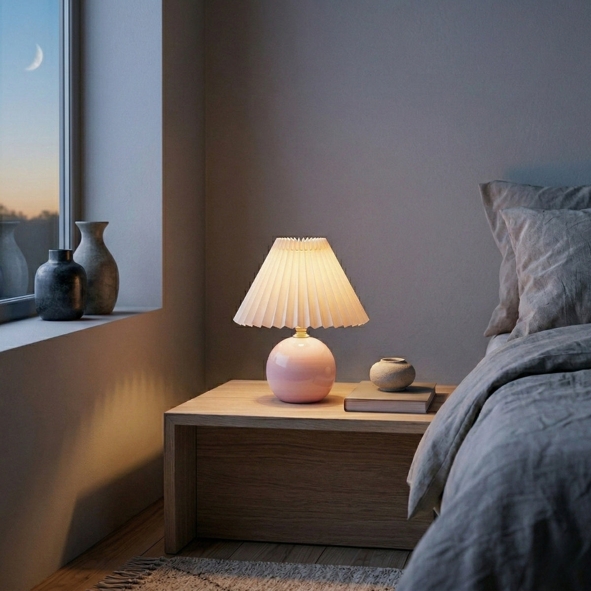 Table Lamp Round Ceramic Base with Wide Pleated Shade and 3 Colour Light Modes