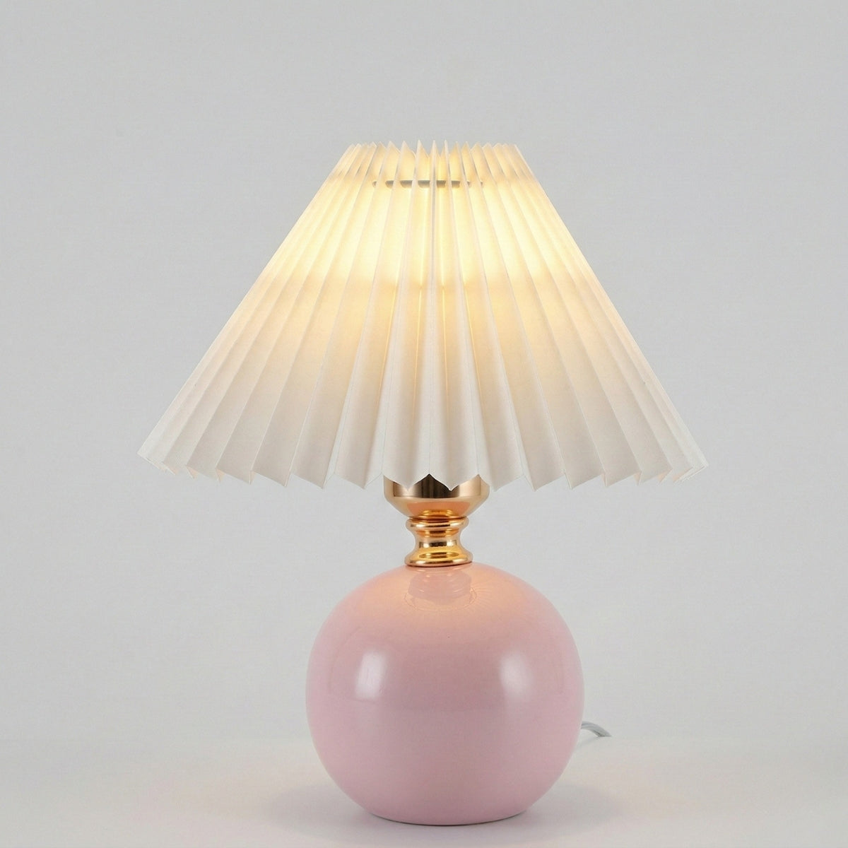 Table Lamp Round Ceramic Base with Wide Pleated Shade and 3 Colour Light Modes