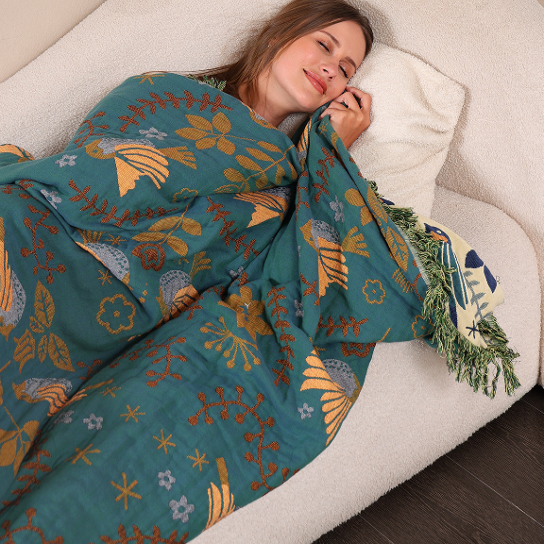 Cotton Blankets Reversible Pure Woven Throw with Scandinavian Bird Pattern
