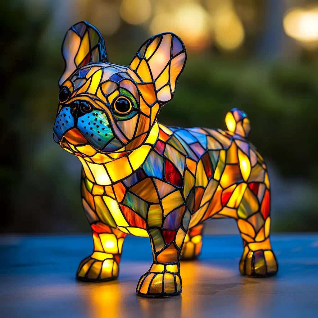 Table Lamp Stained Glass Look Dog Figure with Multicolor Mosaic Shade