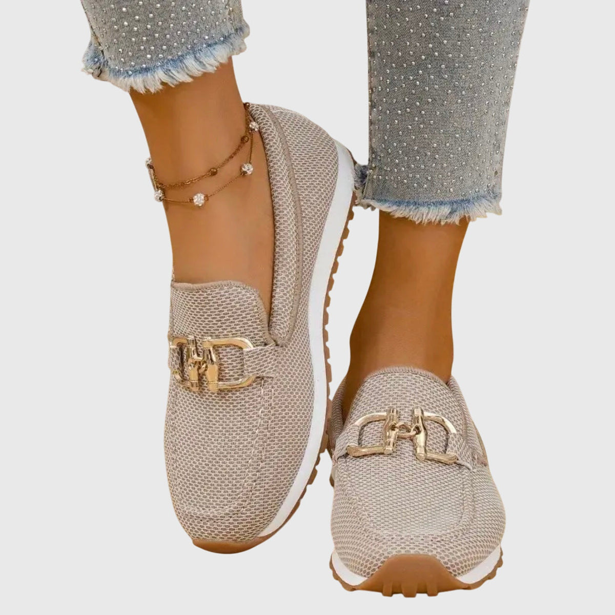 Orthopedic Loafers Flat for Women with Almond Toe and Gold Tone Bar Detail