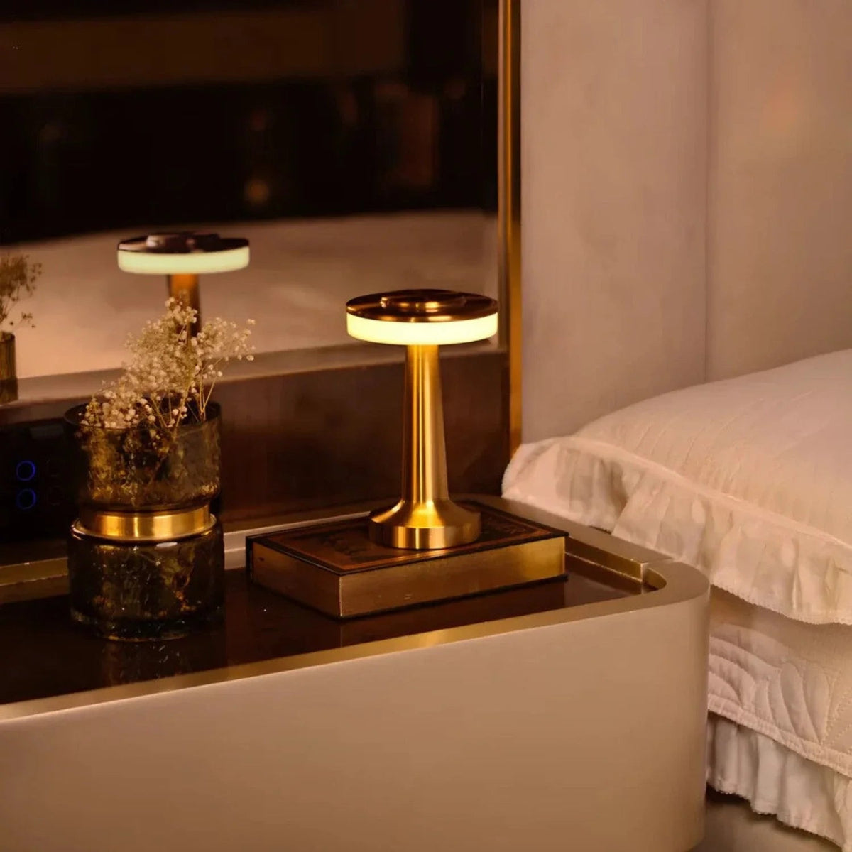 Table Lamp Portable Dimmable with Retro Shade and Rechargeable Battery for Dining