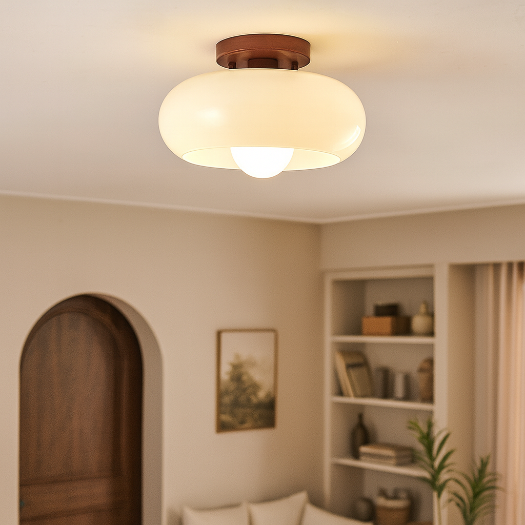 Ceiling Light Modern Bauhaus with Cream Glass Shade and Slim Metal Base for Bedroom