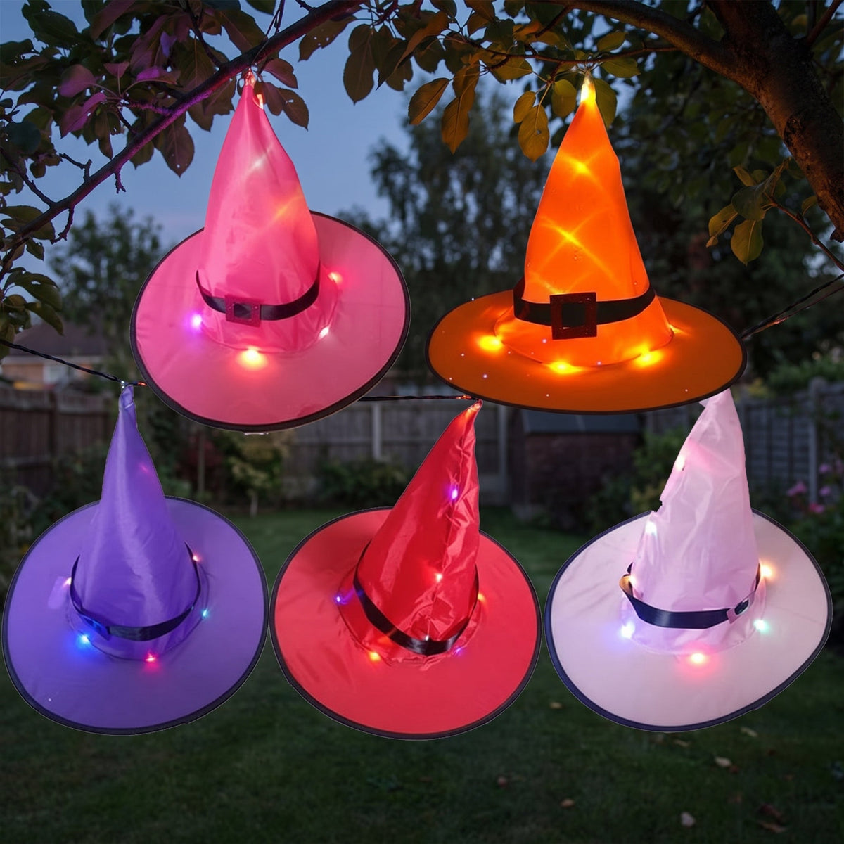 Halloween Witch Hat Lights Illuminated Conical Decor with 48 LED String and Hanging Hook