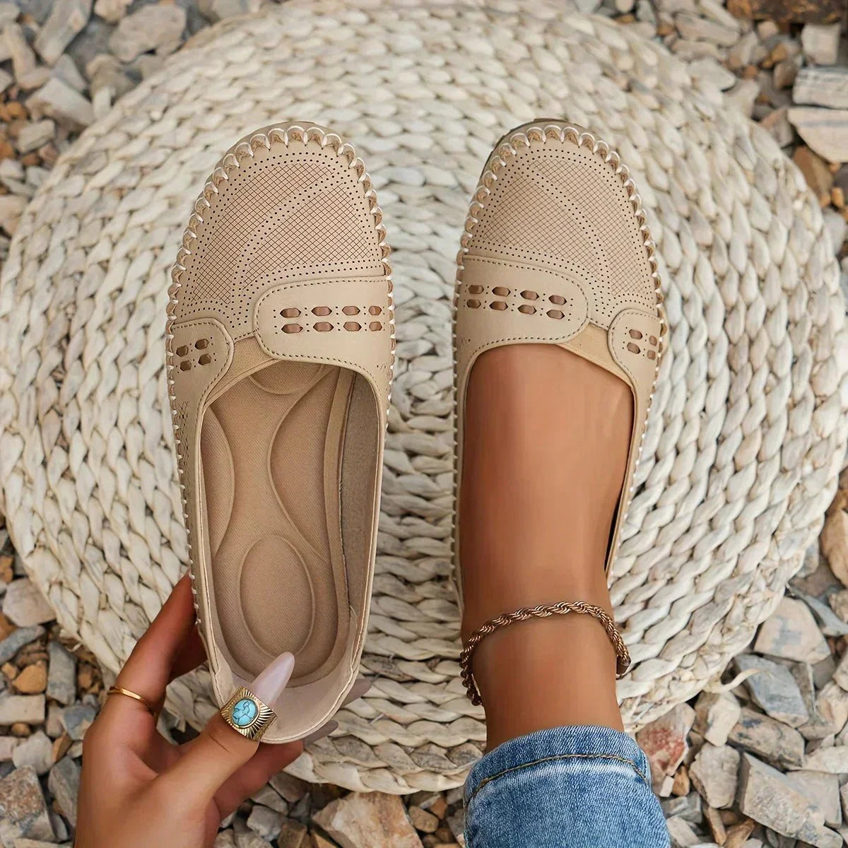 Loafers Perforated Slip On for Women with Breathable Upper and Flat Stable Sole