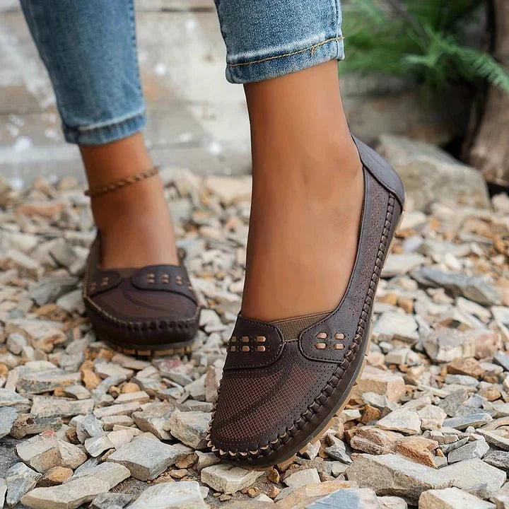 Loafers Perforated Slip On for Women with Breathable Upper and Flat Stable Sole