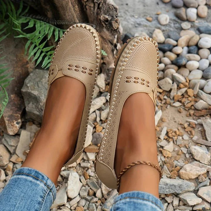 Loafers Perforated Slip On for Women with Breathable Upper and Flat Stable Sole